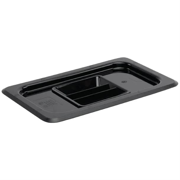 Vogue U477 Black Polycarbonate Gastronorm Lid for 1/4 GN Containers, Durable and Dishwasher Safe