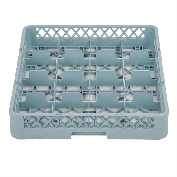 Vogue F612 glass rack with 16 compartments, 500mm, grey plastic – top view, Australia