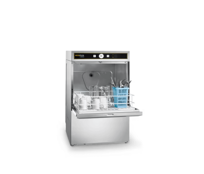 Hobart ECOMAX 404 undercounter glasswasher 400 × 400 mm rack 1.8 L per cycle 240 V 15 A – front view, Australia