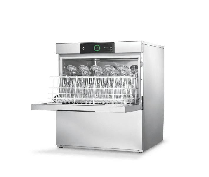 Hobart PROFI GXCROI-C undercounter glasswasher 500×500 mm with integrated reverse osmosis, stainless steel body – front view, Australia