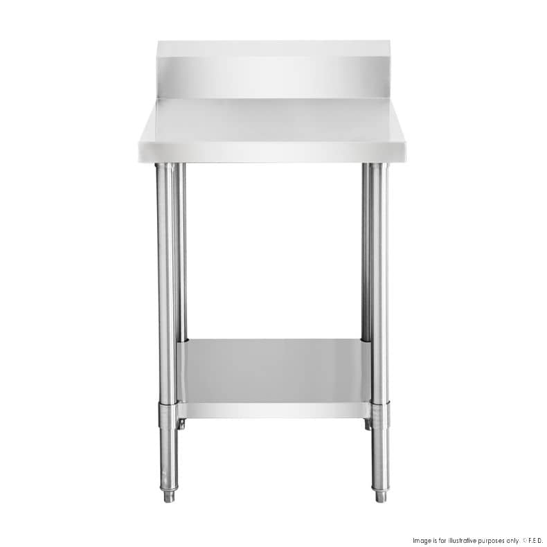 FED WBB6-0600/A stainless steel workbench with splashback, 600mm, solid undershelf – front view, Australia