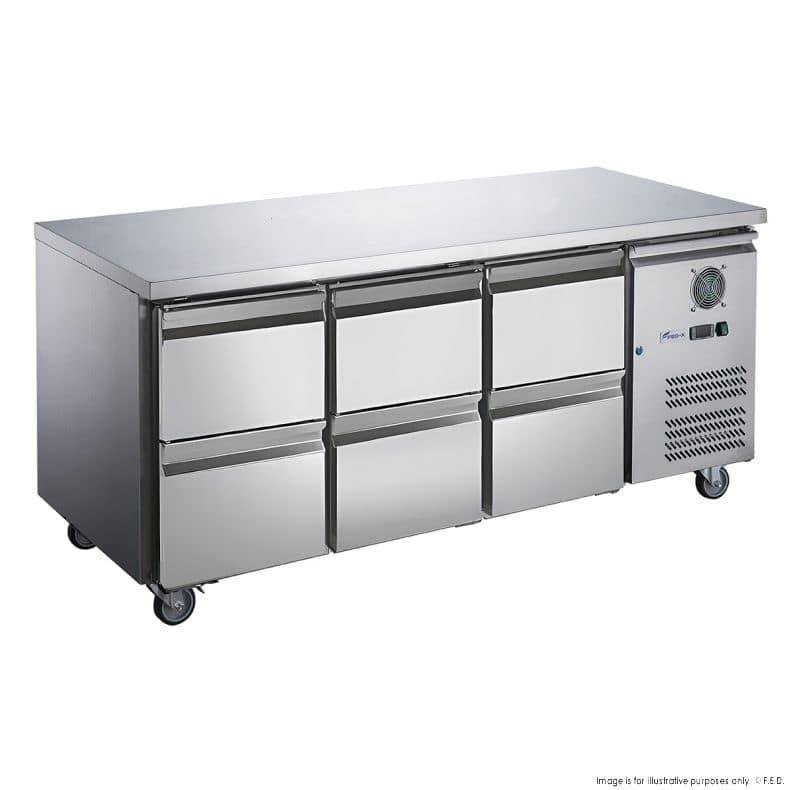 FED-X XUB7C18S3D Bench Fridge with six GN drawers and fan-forced cooling, ideal for restaurants and catering
