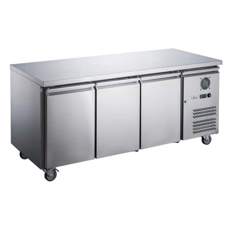 FED-X XUB6F18S3V commercial 3-door bench freezer with stainless steel construction