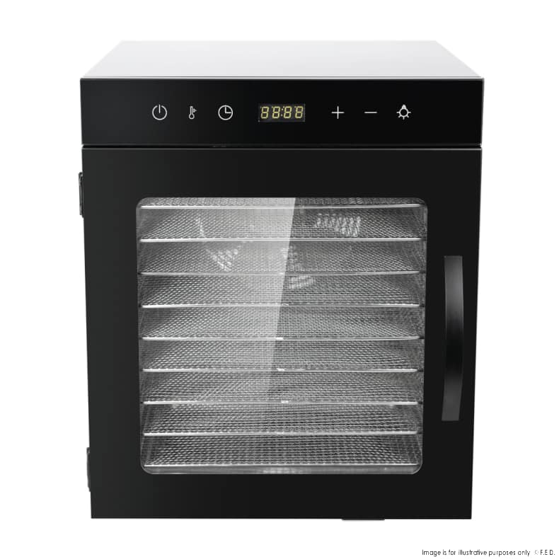 Benchstar FD-10HB food dehydrator with 10 stainless-steel trays, 355×441×425 mm, 800 W 240 V – front view, Australia