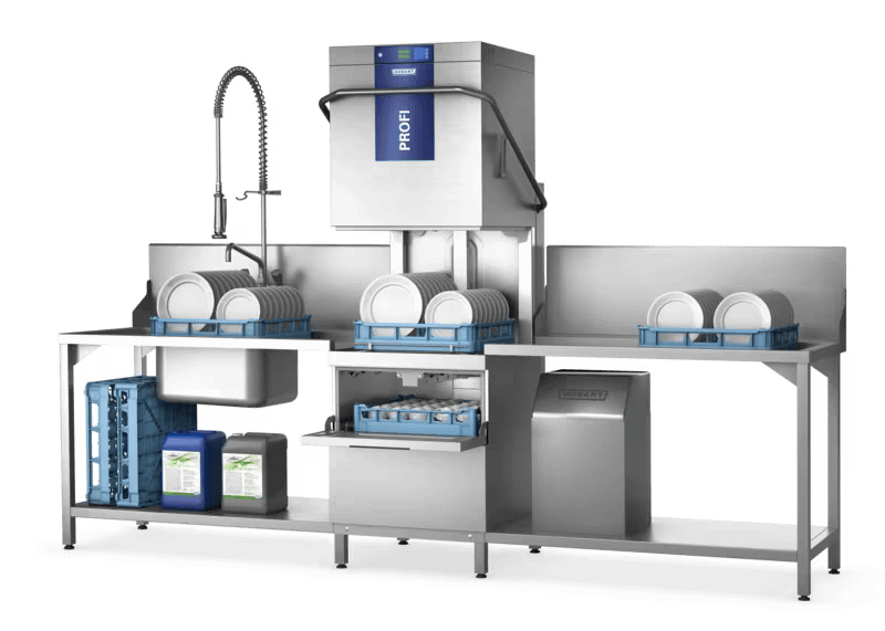 Hobart Profi TLW two level washer with dual chambers, 120 racks per hour, 13.6kW, stainless steel – front view, Australia