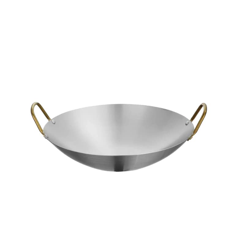 Kitchen Knock 408094 9-inch stainless steel shallow wok with golden handles, durable food grade steel – front view, Australia