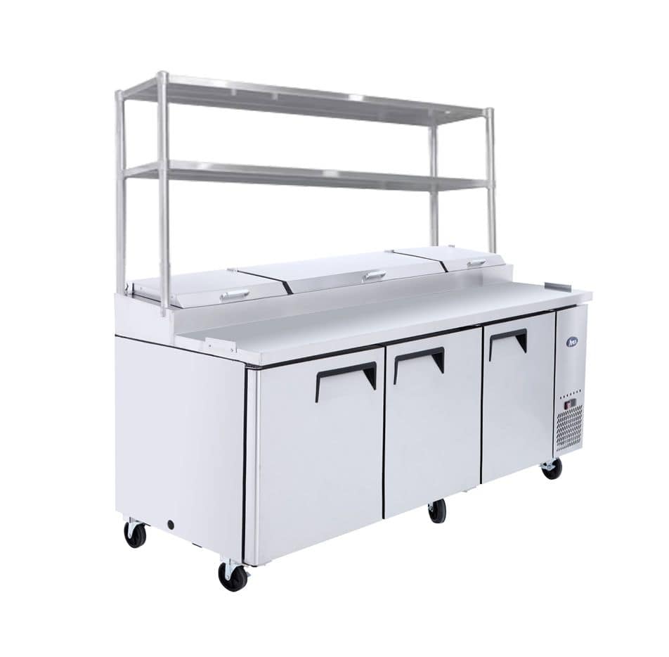 Atosa MPF8203OS 3-Door Pizza Prep Fridge with overshelf, stainless steel build, ideal for pizza preparation.