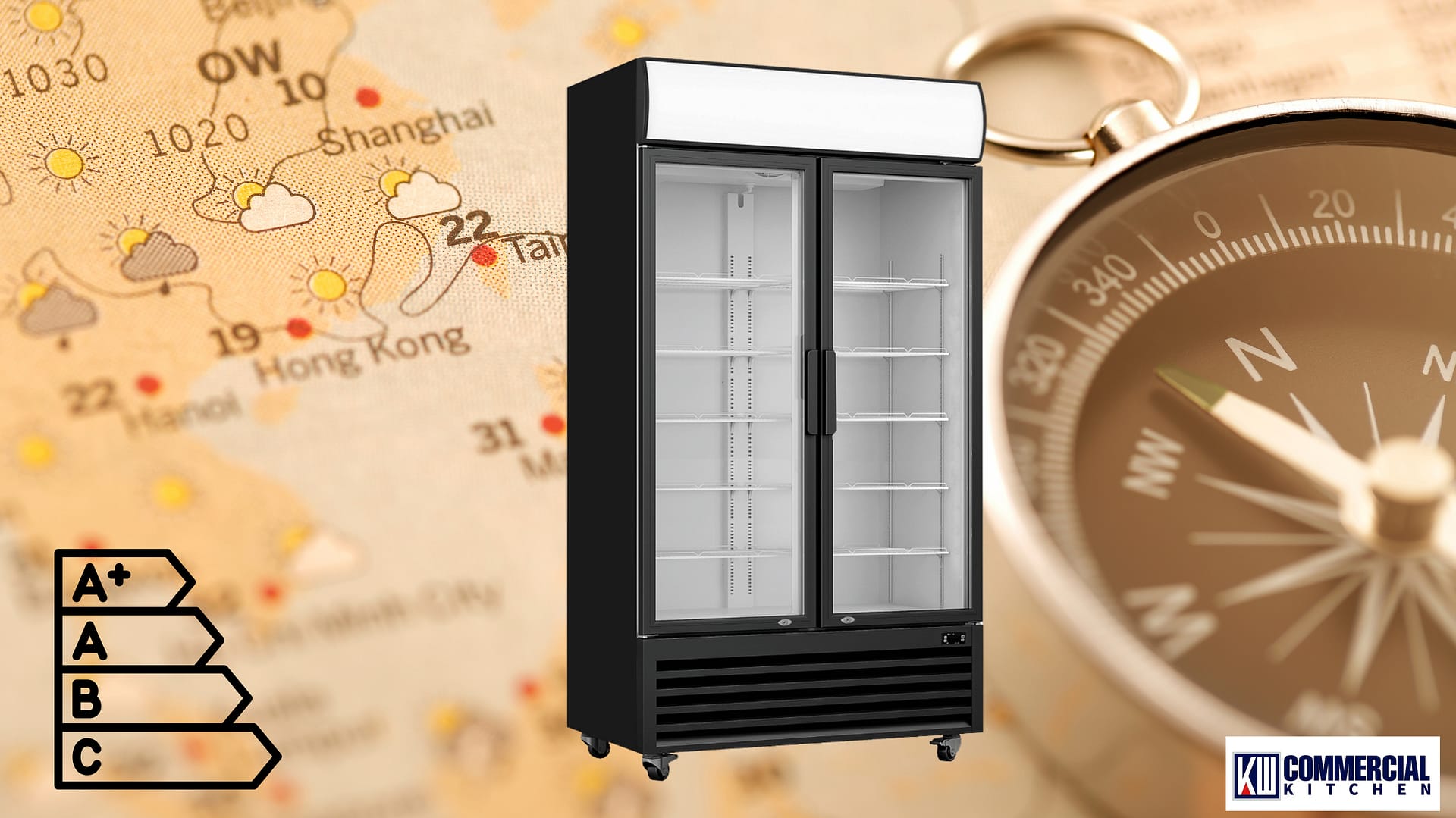 Black double‑door glass‑door merchandiser fridge with illuminated header; energy‑rating icon; weather‑map and compass background.