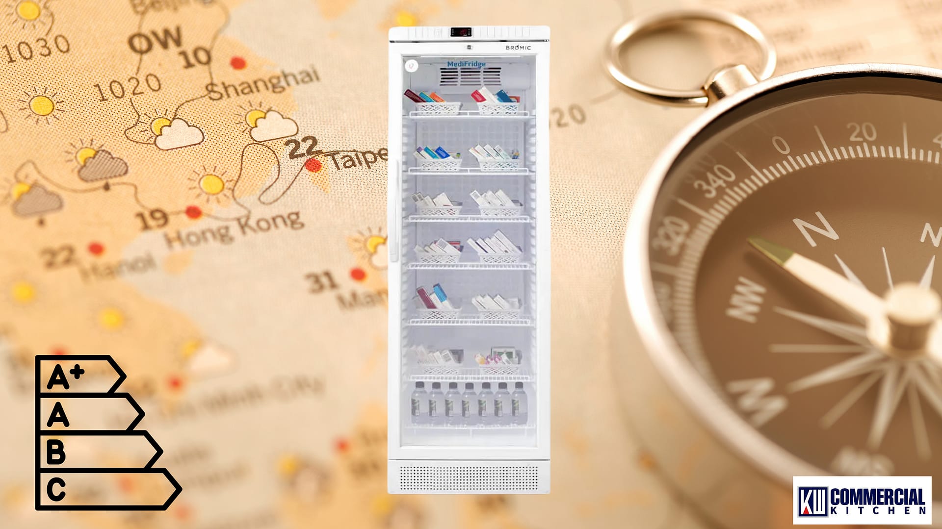 White single‑door upright commercial fridge with glass door and wire shelves; energy‑rating icon; weather‑map and compass background.