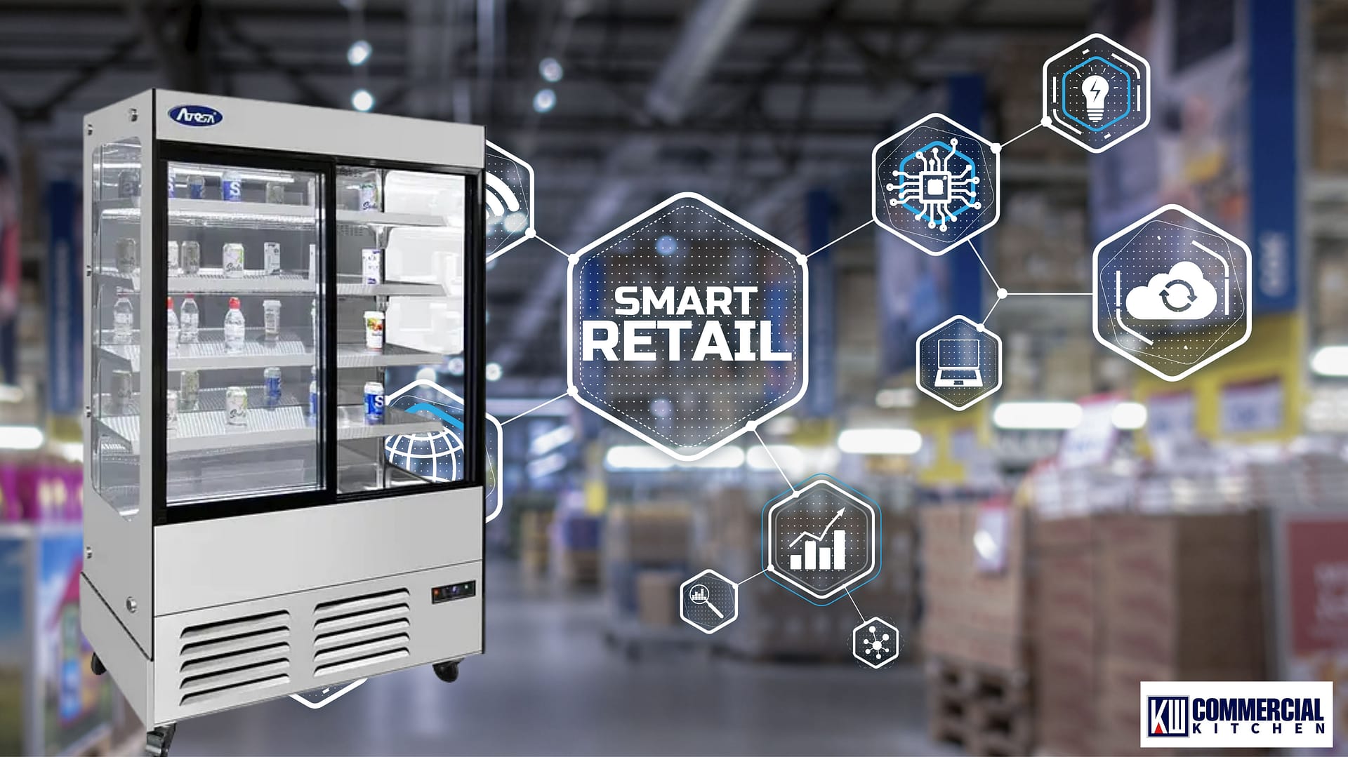 Two‑door glass‑door merchandiser fridge with LED lighting and planogram overlay, Australia.