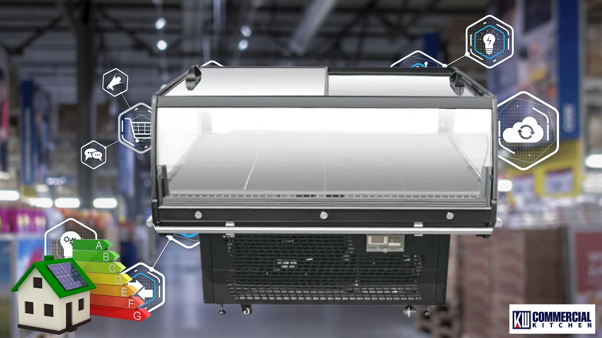 Island open multideck display fridge with night blind and bottom‑mount system in a retail setting, Australia.