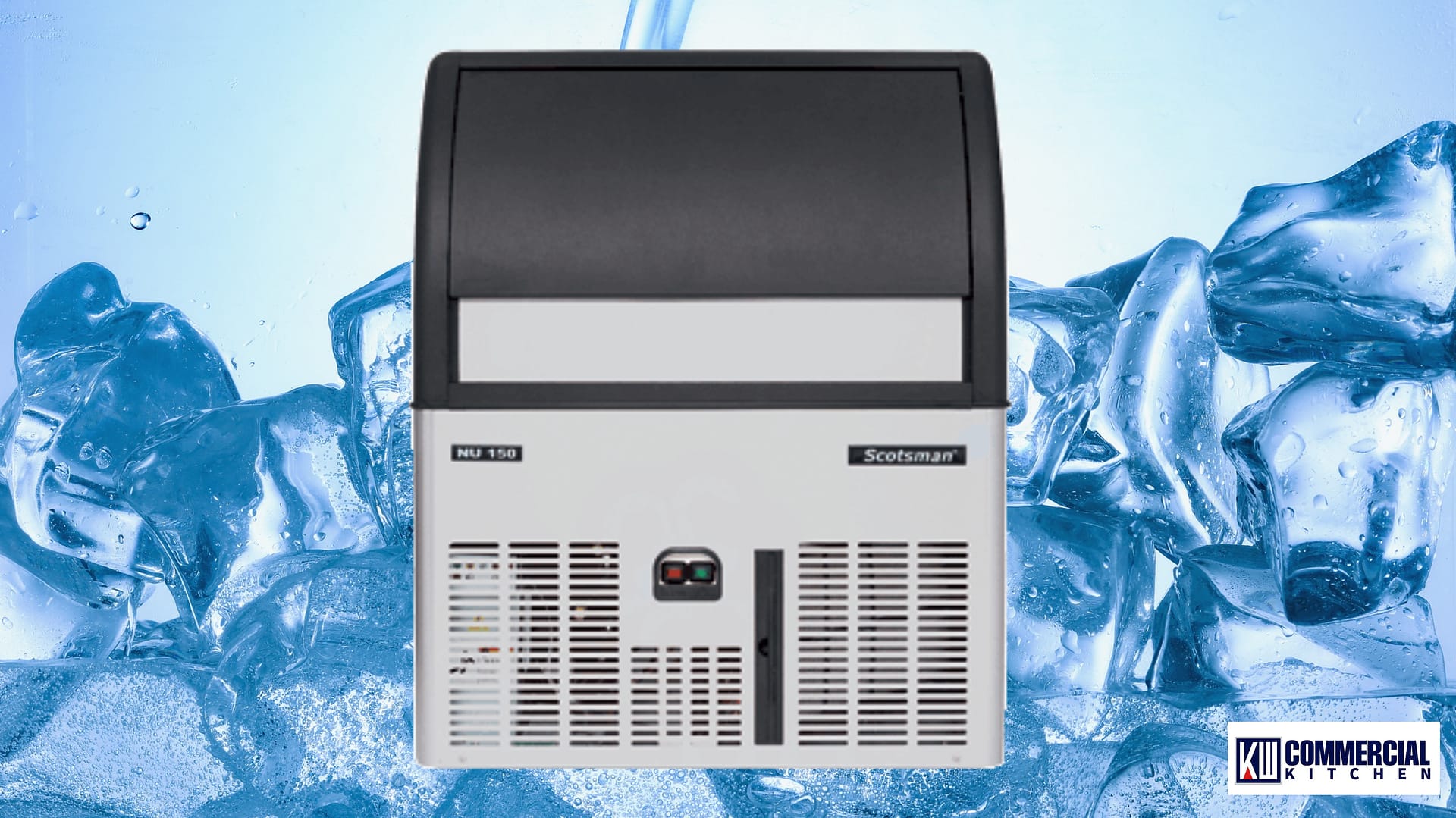 Undercounter commercial ice machine with integrated bin and front service panel, on an ice background.